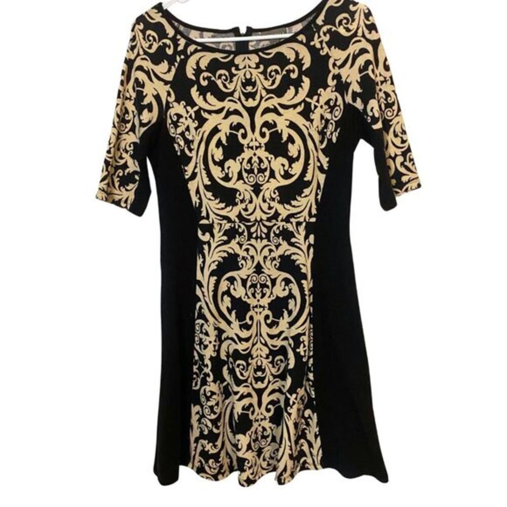 Roz & Ali | Jacquard Sweater Dress Black & Cream Knee Length Slimming Pattern